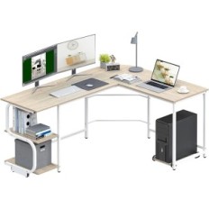 L-shaped desk with beige shelves