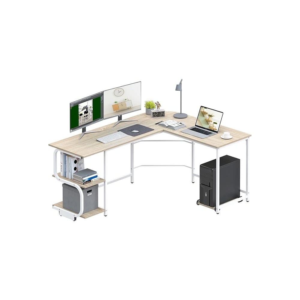 L-formet skrivebord med beige hylder