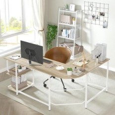 L-vormige bureau met beige planken