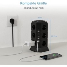 Tessan Power Strip 17 soquetes (12 portas CA e 5 portas USB) Preto