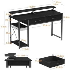 Mesa de computador preto com 2 gavetas exibe 120 x 50 x 87 cm