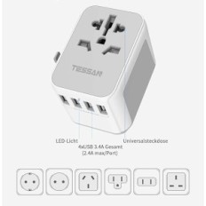 Reisadapter Tessan 633-F 2300 W met 4 USB-poorten