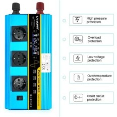 Convertisseur de tension 3000 W / 6000 W, 12 V, 230 V, avec 3 sockets UE et 4 USB, LCD