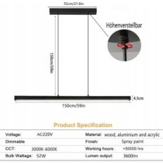 Senfay LED Hanging Lamp 52 i 150 cm med fjernkontroll, svart