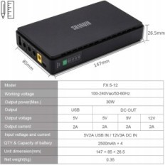 PowerBank Shanqiu za usmerjevalnik, modem 10000 mAh 5V 9V 12V 2A (37Wh), črna
