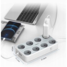 Power Strip Tessan TS-304 8 Pistikupesad + 3 USB 2 m, 3600 W, valge