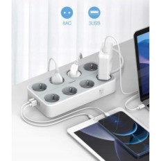 Power Strip Tessan TS-304 8 Zásuvky + 3 USB 2 m, 3600 W, bílá