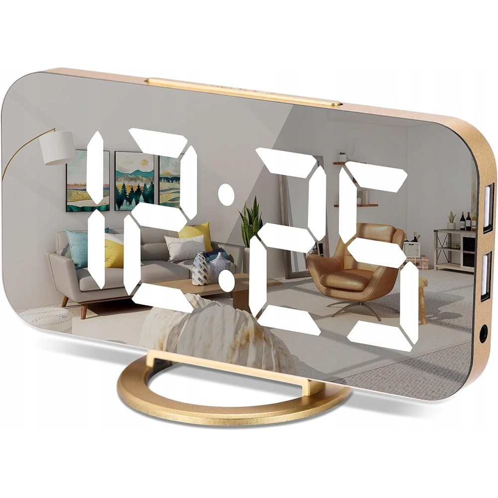Digital Vækkeur Sham, 7-tommer LED-vækkeur med spejl, USB, Golden