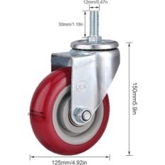 Meubelrollen 125 mm, tot 140 kg, M10-schroef van M10, 4 stuks.