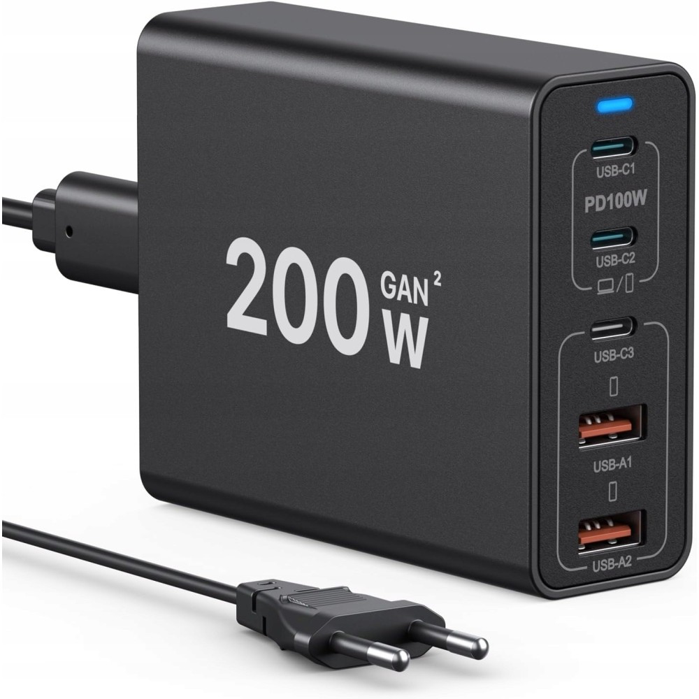 SCCVE HNT-PD1306 200W AC-adapter, 2xUSB-A, 3XUSB-C, zwart