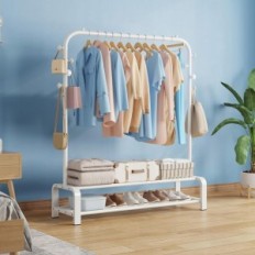 Percha de ropa SMILOVII QY0016, con 6 ganchos, 2 estantes para zapatos, blanco