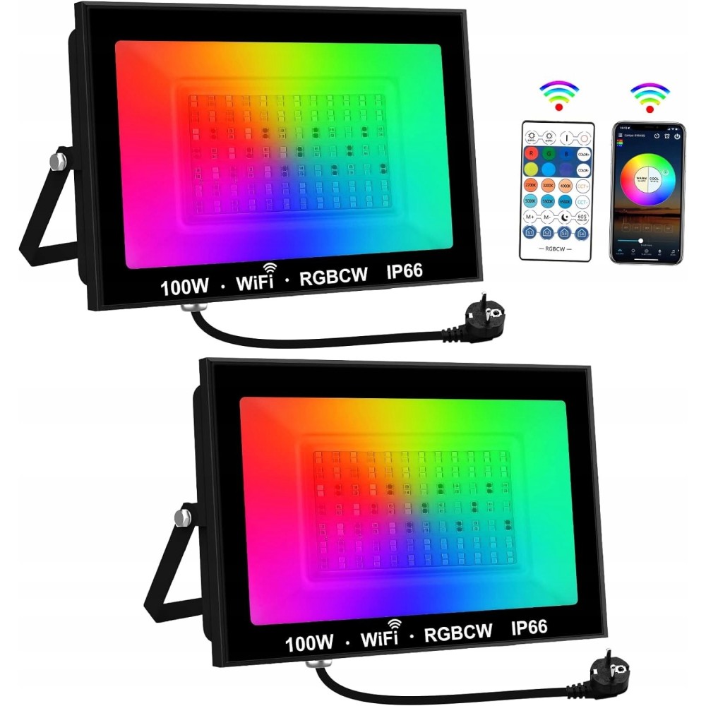 Proiettore a LED T-Sunus TS-F42100-RGBCW, RGB, WiFi, IP66, 100W, 2 PCS.
