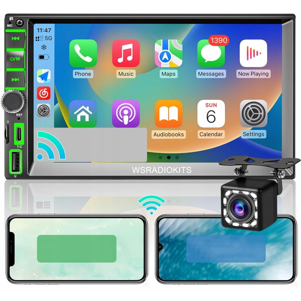 System audio samochodowego WSRADIOKITS 2 DIN Carplay, 7'' Full HD Bluetooth