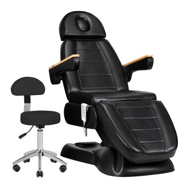 Cadeira cosmética elétrica SILLON Lux 273b 3 motores + banco AM-304 preto — conjunto mostrado