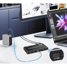 Schakelaar KVM Tendak DAV-072-BK, 4XUSB 2.0, 8K @ 60Hz, 4K @ 120Hz, 100W PD