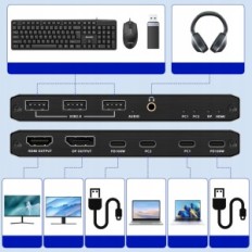 Vaihda KVM TENKK DAV-072-BK, 4xusb 2.0, 8k @ 60Hz, 4k @ 120ghz, 100W Pd