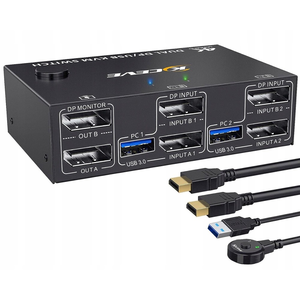 KVM Kceve KC-KVM202DP -ohjain USB 3.0 2 kpl, 4k @ 144 Hz, DisplayPort 1.4