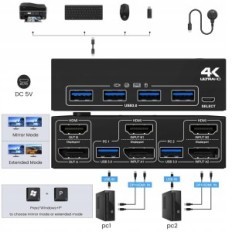 KVM KCEVE KVM202DH controller, 2 PC, 4xUSB 3.0, 2 ports 4K @ 60 Hz