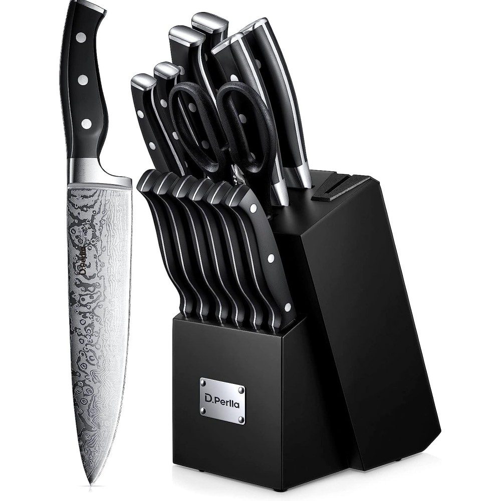 D.perlla Knives Set, 14 stk, innebygd blyantspisser, med stativ, svart farge