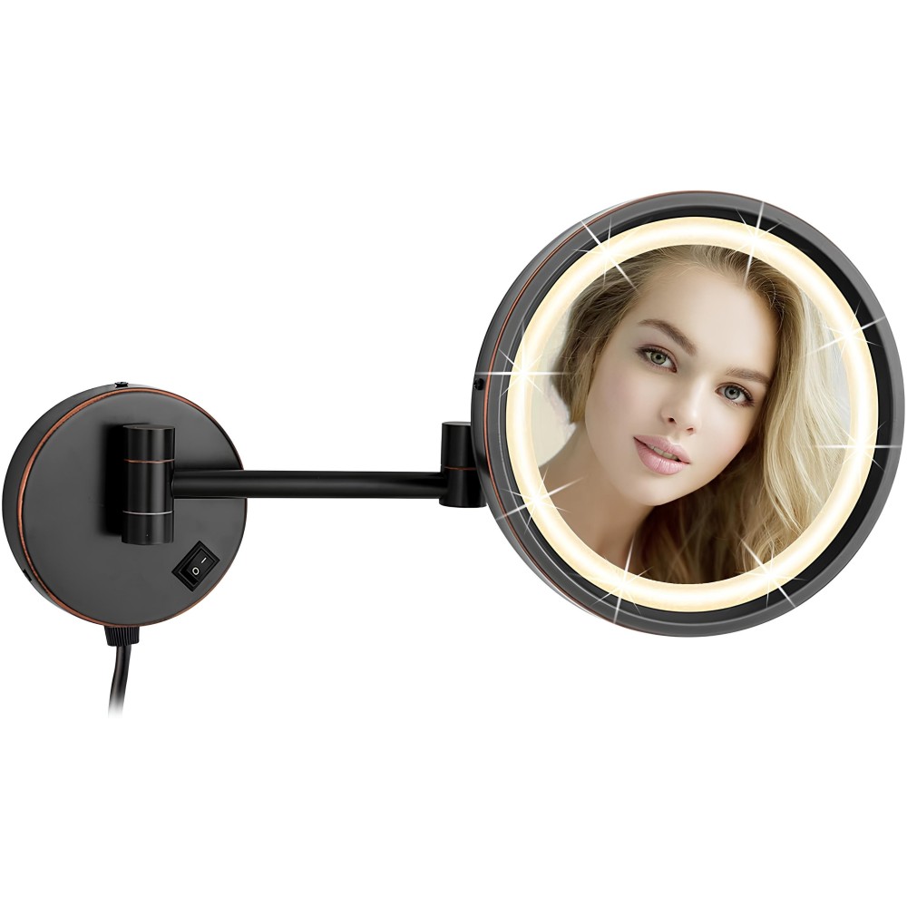 Espejo de maquillaje de repuesto 25 cm, 10x, 3 modos luminosos, negro