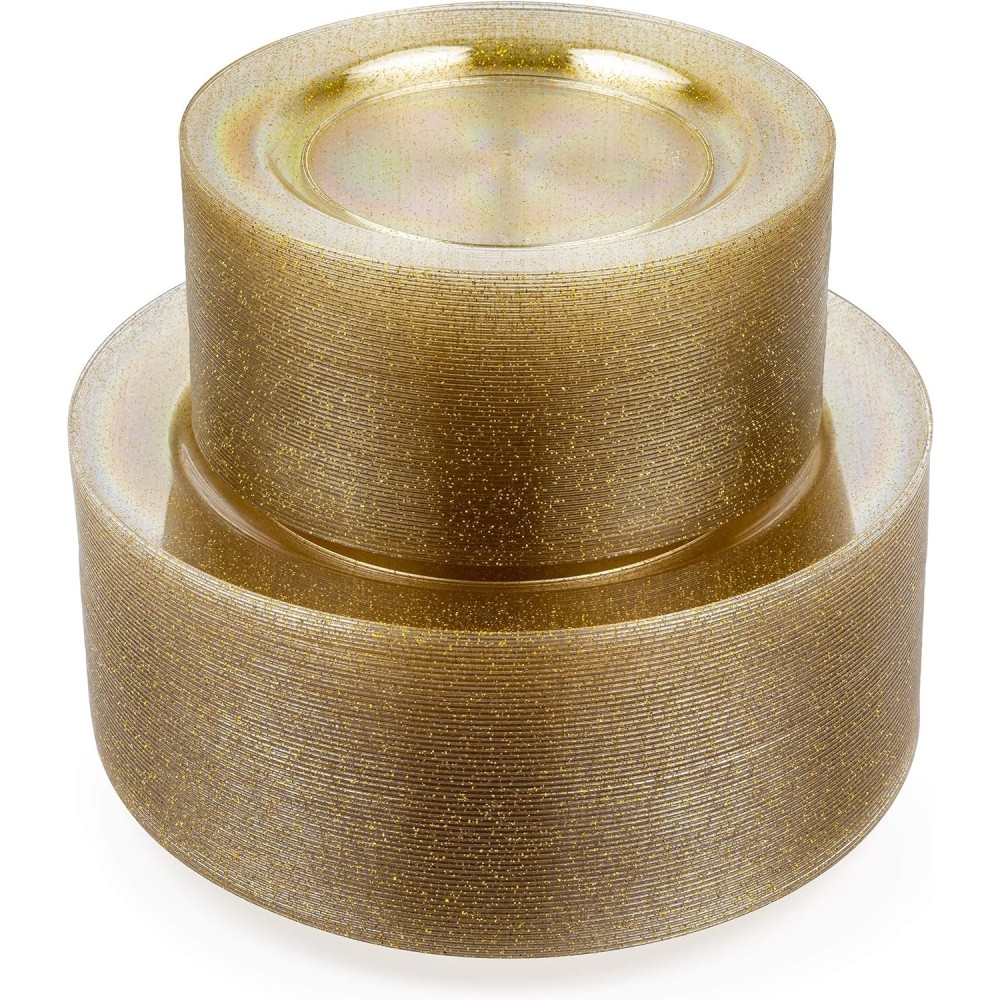 Um conjunto de placas de plástico Matana, 60 jantar e 60 sobremesa, dourado