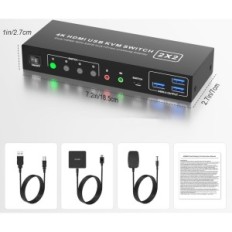 KVM-schakelaar voor 2 pc, Edid HDMI 4K60HZ, met audio en 3xUSB 3.0, KM202D-H-RY