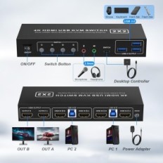 Interruptor KVM para 2 PC, Edid HDMI 4K60Hz, com áudio e 3xUSB 3.0, KM202D-H-RY
