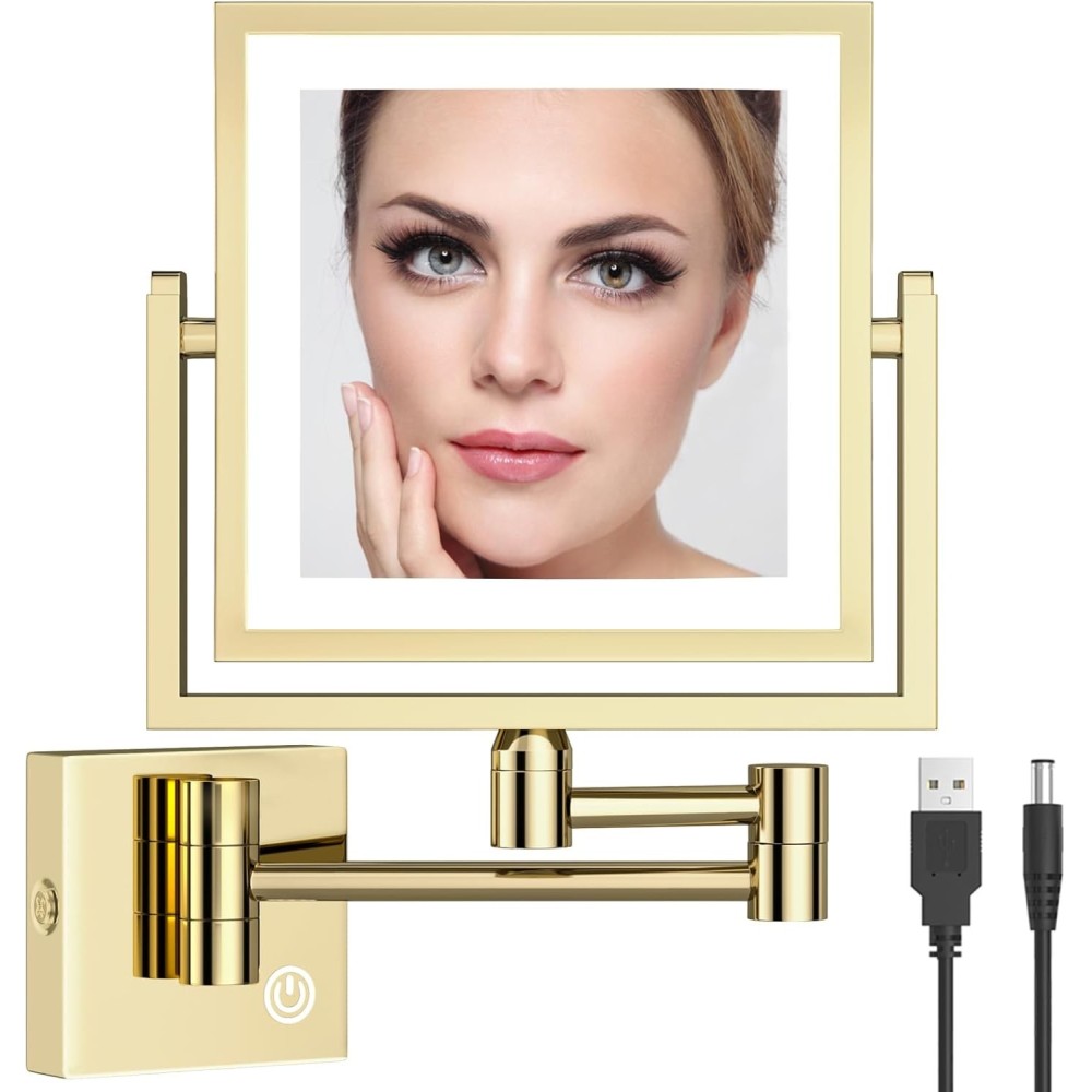 Reckodor make-up zrcadlo s osvětlením, 3x zoom, čtverec, zlato