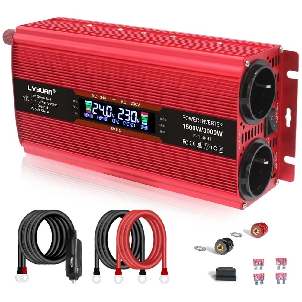 Lvyuan 24V, 230V, 1500W / 3000W μετατροπέα, 2 υποδοχές της ΕΕ