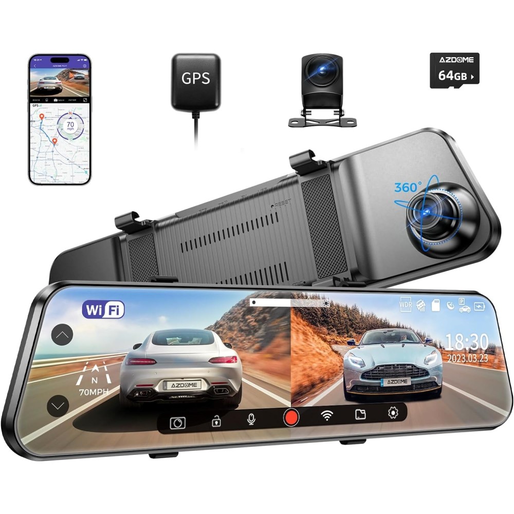 Zpětná zrcátka Azazome PG17 WiF17 WiFi 12 '' 1080p Duální kamera 64 GB TF GPS