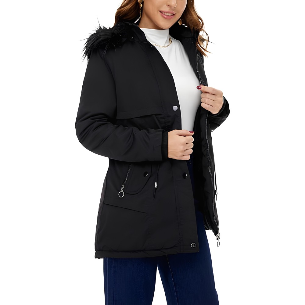 Jaqueta de inverno de HVEPuo feminino com forro de vento de pele, preto, l