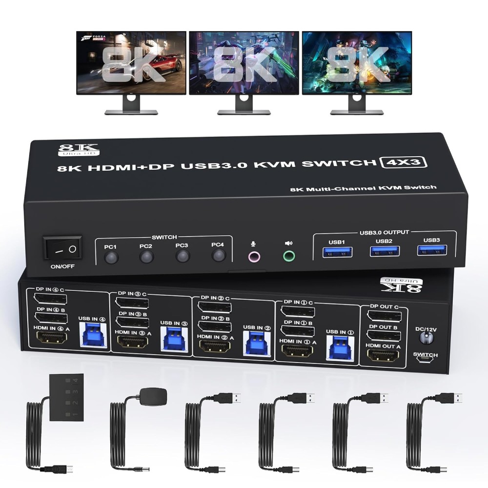 KVM Switch DKM403B, 4 PC, 3 monitor, 3xUSB 3.0, 8K HDMI
