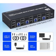 KVM Switch Ritki DKM403B, 4 PC, 3 skærme, 3xUSB 3,0, 8K HDMI