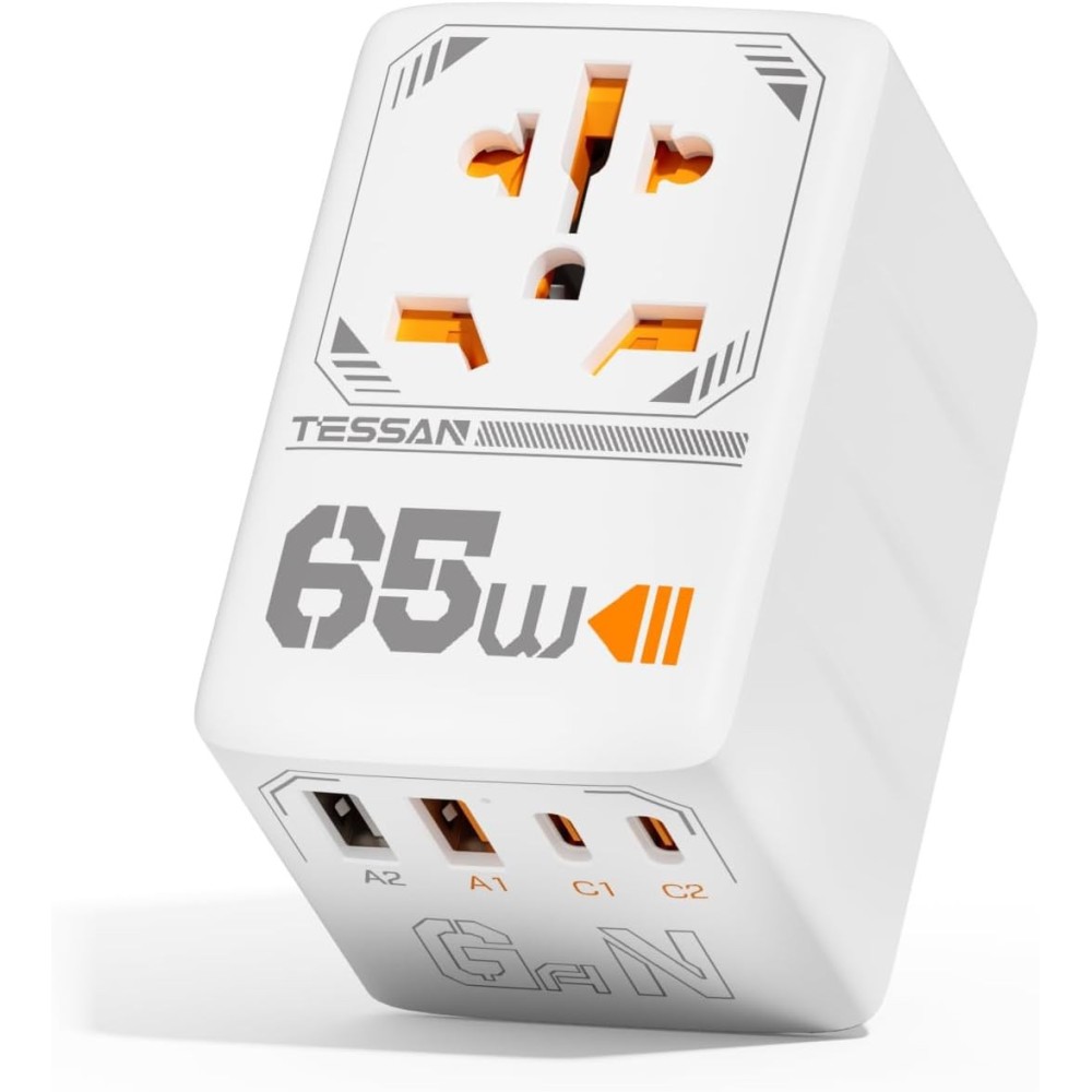 Adaptador de viaje Tessan 65 W de USB C, 2 USB C / USB A, EE. UU. / Reino Unido / UE / AU, usado