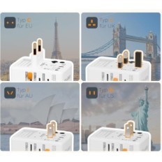 Adaptador de viagem Tessan 65 W de USB C, 2 USB C / USB A, USA / UE / EU / AU, usado