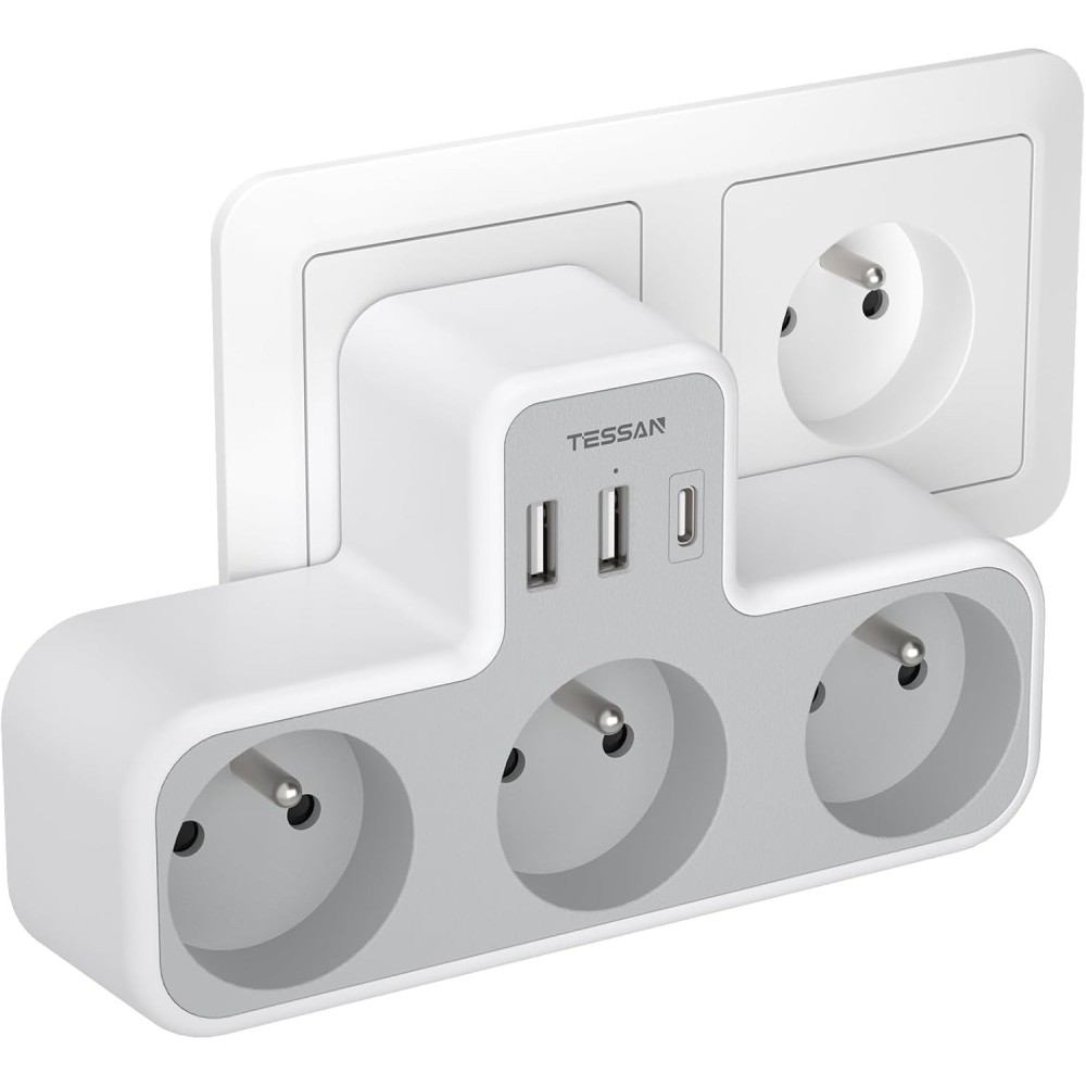 Tessan TS-323-C, 3600W Cable de extensión de pared máximo, 3 tomas, 1 USB, 2 USB C