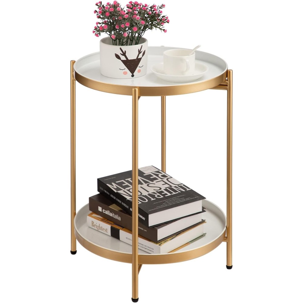 Round table Hollyhome, metal, 2-level, 37x37x50 cm, gold and white