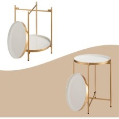 Table ronde Hollyhome, métal, 2-Niveau, 37x37x50 cm, or et blanc