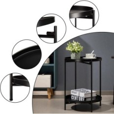 Table ronde Hollyhome, métal, 2 niveaux, 37x37x50 cm, noir