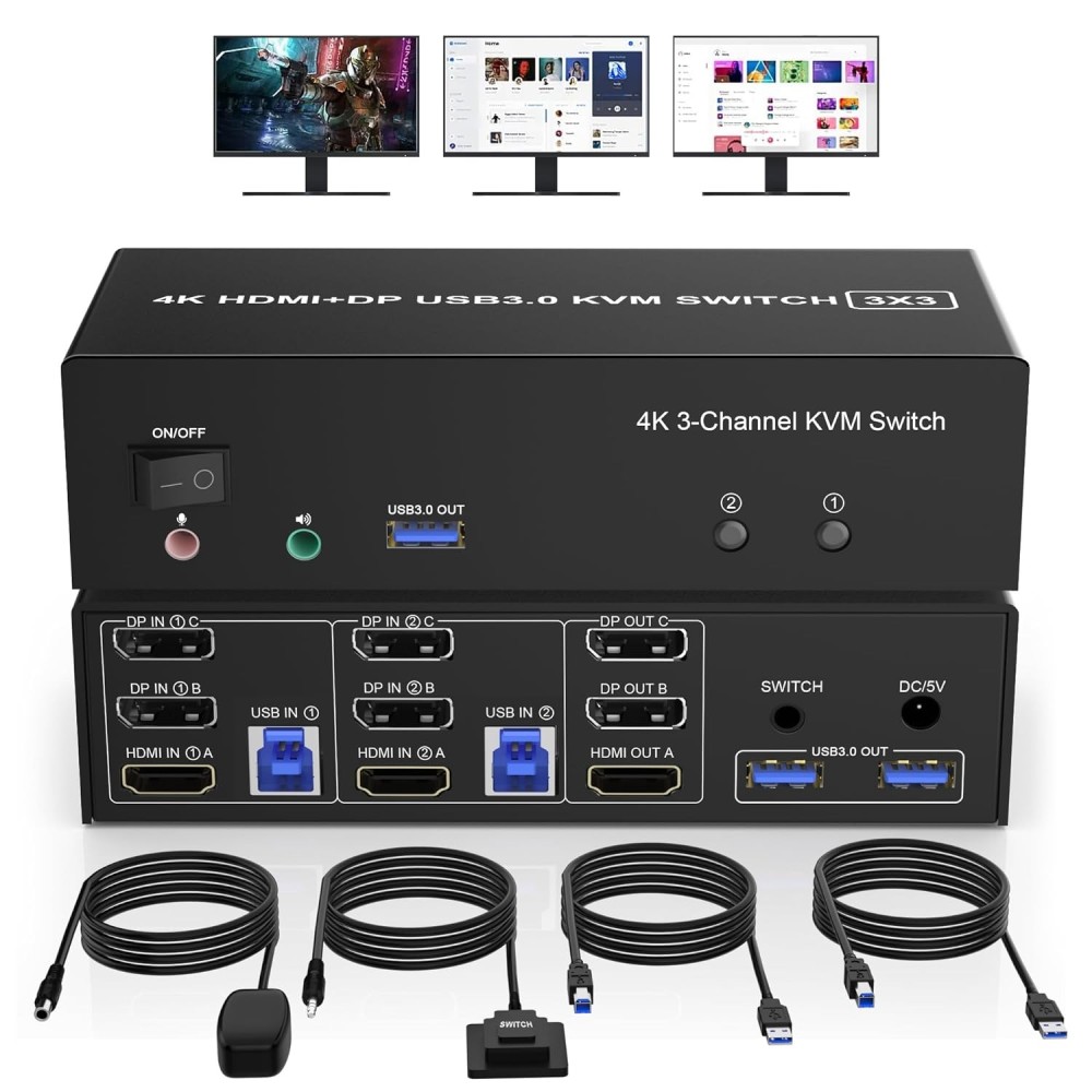 KVM Clickfish HDMI Switch + 2 DisplayPort, 3 Monitoren, voor 2 Computers DKM203B