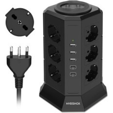 NveShox Vertikalverlängerungskabel mit 12 Buchsen, 2 USB-C, 3 USB-A, 2 m, schwarz