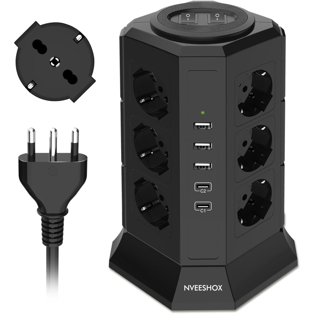 Cavo di prolunga verticale NveShox con 12 prese, 2 USB-C, 3 USB-A, 2 m, Nero