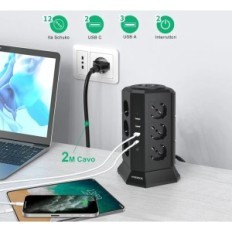 Cabo de extensão vertical nveeshox com 12 soquetes, 2 USB-C, 3 USB-A, 2 m, preto