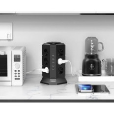 Vertikálny predlžovací kábel NveAshox s 12 zásuvkami, 2 USB-C, 3 USB-A, 2 m, čierna