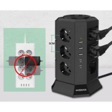 Nveshox pystysuora jatkojohto 12 pistorasiassa, 2 USB-C, 3 USB-A, 2 m, musta