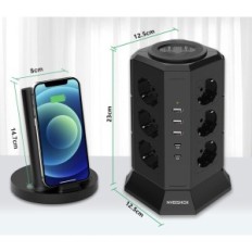 Vertikálny predlžovací kábel NveAshox s 12 zásuvkami, 2 USB-C, 3 USB-A, 2 m, čierna