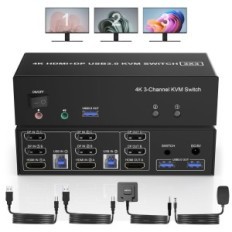 Switch KVM Yeemie Pro, 2 porte DisplayPort, USB 3.0, 2 PC, 3 monitor