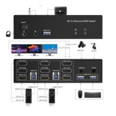 Switch KVM Yeemie Pro, 2 porte DisplayPort, USB 3.0, 2 PC, 3 monitor