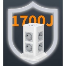 Tessan TPS05-de-C, 8-seksjon skjøteledning, 3 USB A, USB C, 16 A, 3600 W