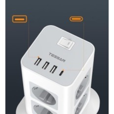 Tessan TPS05-de-C, 8-seksjon skjøteledning, 3 USB A, USB C, 16 A, 3600 W